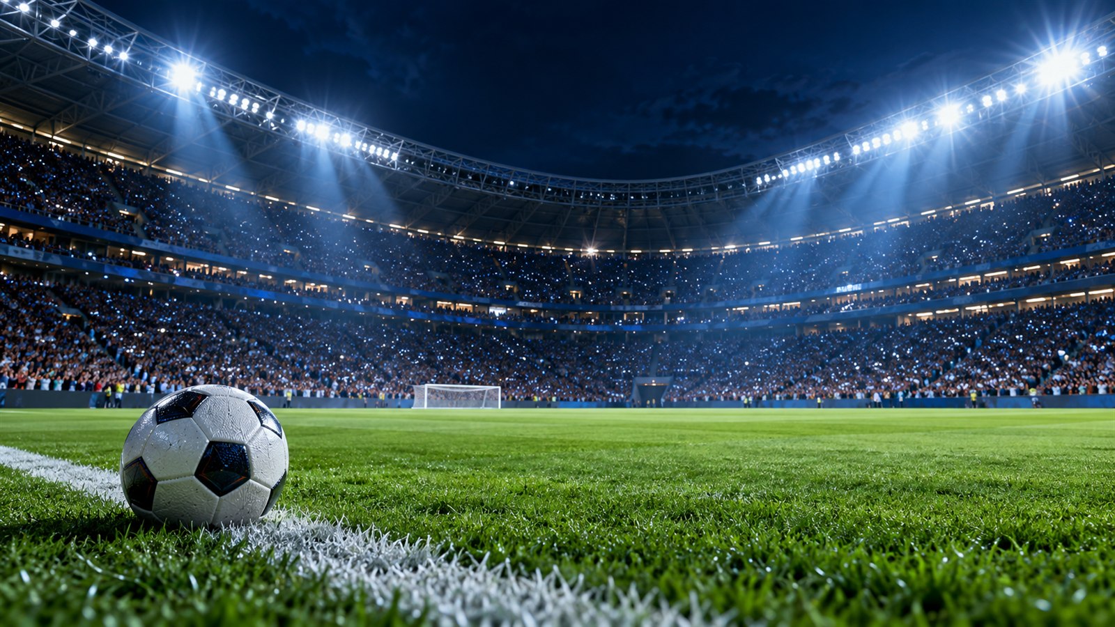 Estádio de futebol lotado durante uma partida noturna