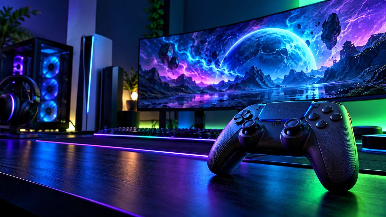 Controle de videogame diante de um setup gamer iluminado