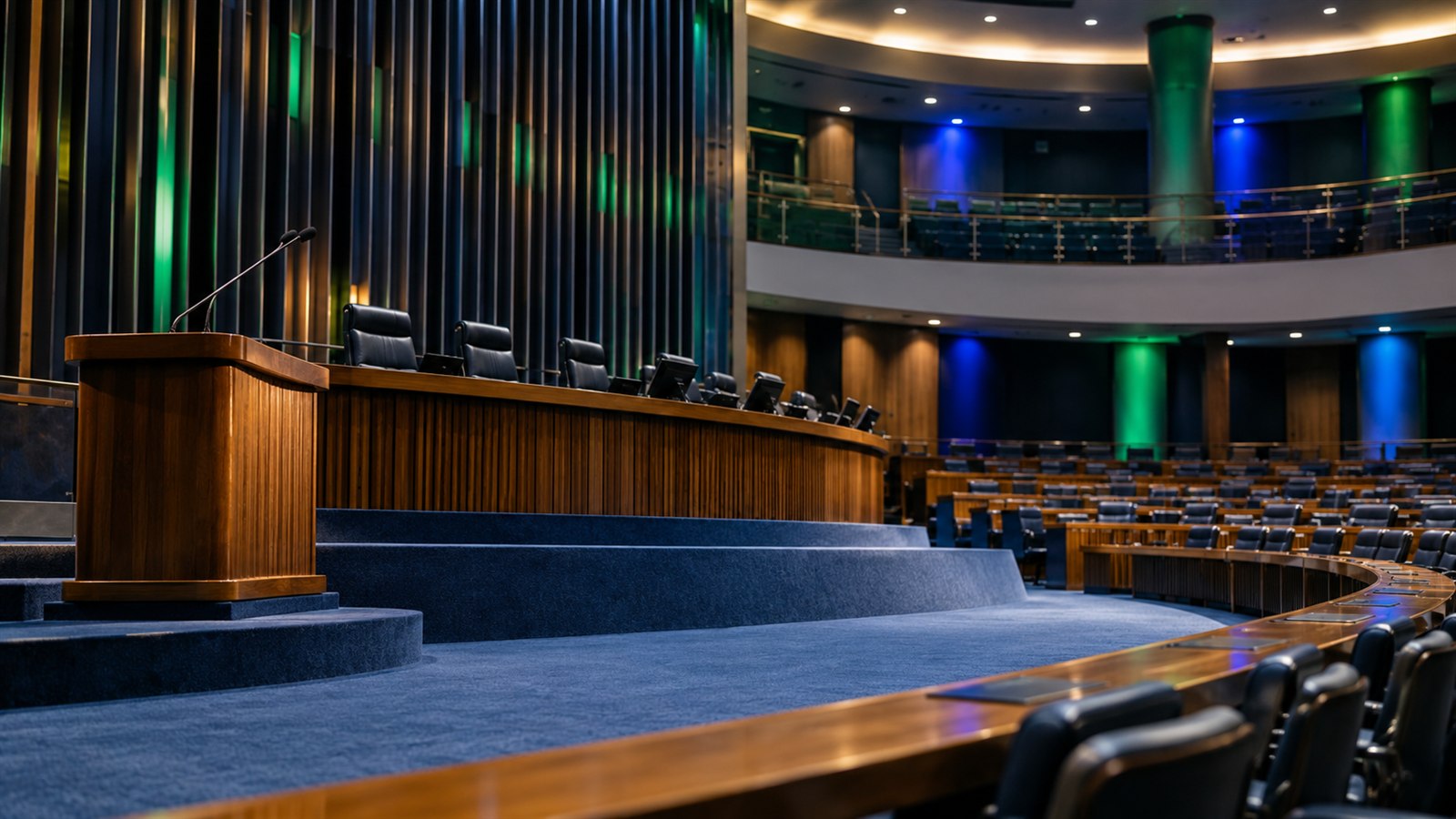 Plenário legislativo iluminado durante sessão política