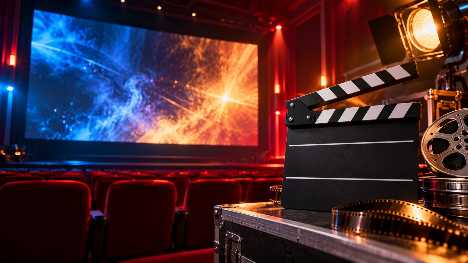 Sala de cinema com claquete e iluminação de estreia